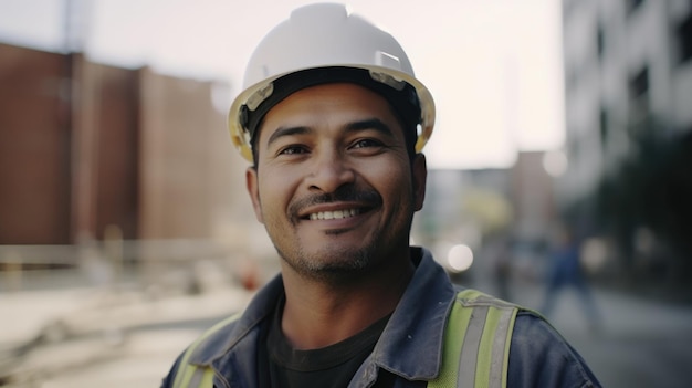 Un trabajador de la construcción masculino hispano sonriente de pie en el sitio de construcción