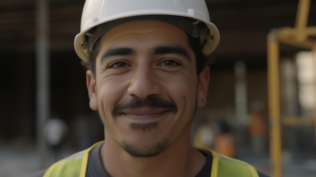 Un trabajador de la construcción masculino hispano sonriente de pie en el sitio de construcción