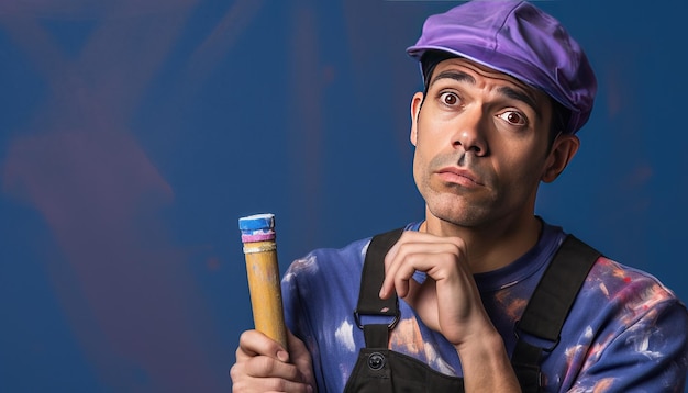 Trabajador de la construcción masculino joven inseguro con gorra y uniforme manteniendo la mano en la barbilla sosteniendo pintura