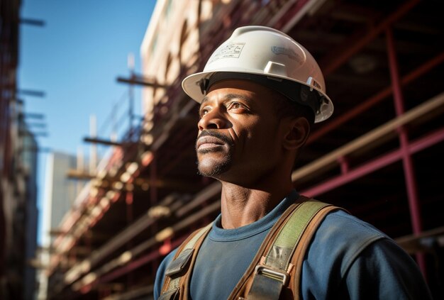 trabajador de la construcción masculino negro con un edificio en el fondo