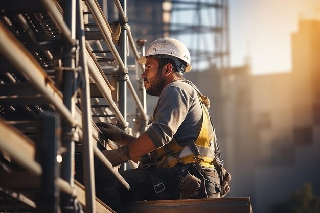 Trabajador de la construcción sin miedo de pie en la pared no asegurada