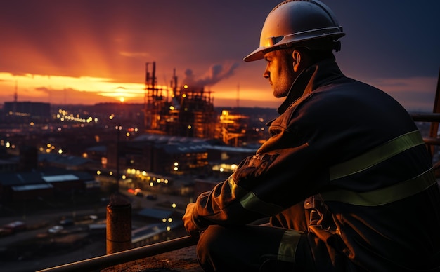 Trabajador de la construcción mira la puesta de sol Un hombre con un casco duro sentado en la parte superior de un edificio