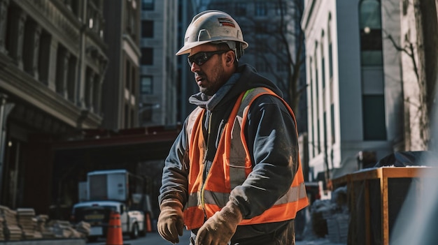 Un trabajador de la construcción en movimiento como se ve en la fotografía callejera GENERATE AI