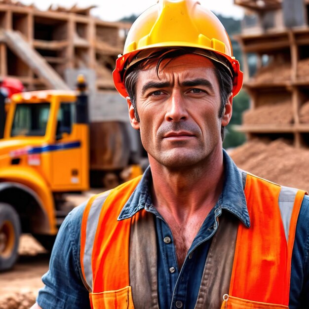 Trabajador de la construcción musculoso y robusto en el sitio de trabajo