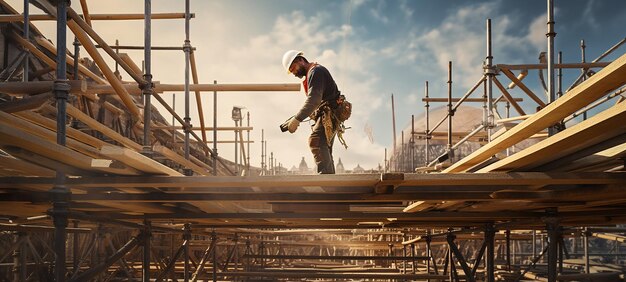 Trabajador de la construcción navegando entre andamios