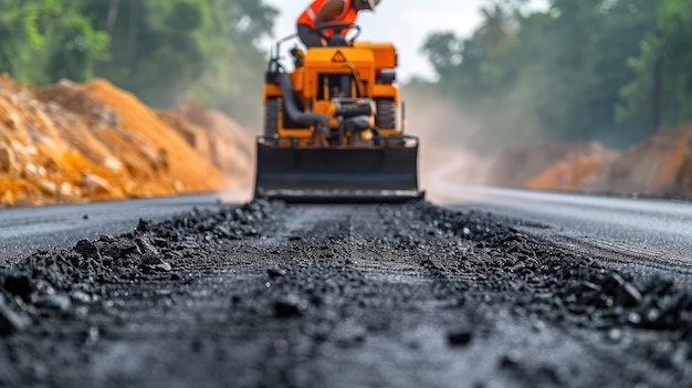 Trabajador de la construcción durante obras de asfaltado de carreteras