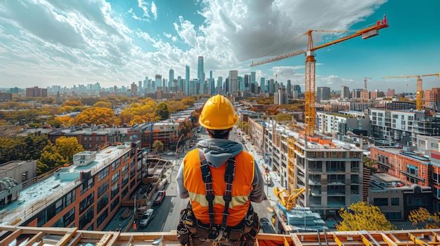 Trabajador de la construcción observando el paisaje urbano