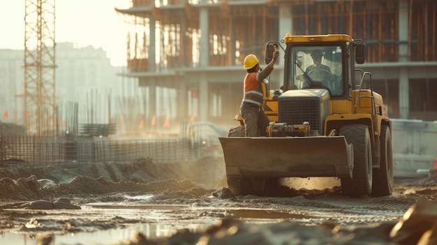 Trabajador de la construcción opera una excavadora en el área urbana AIG41