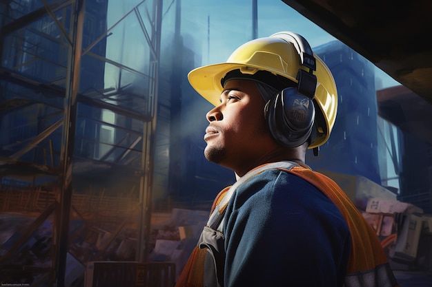 Foto trabajador de la construcción de pie con auriculares