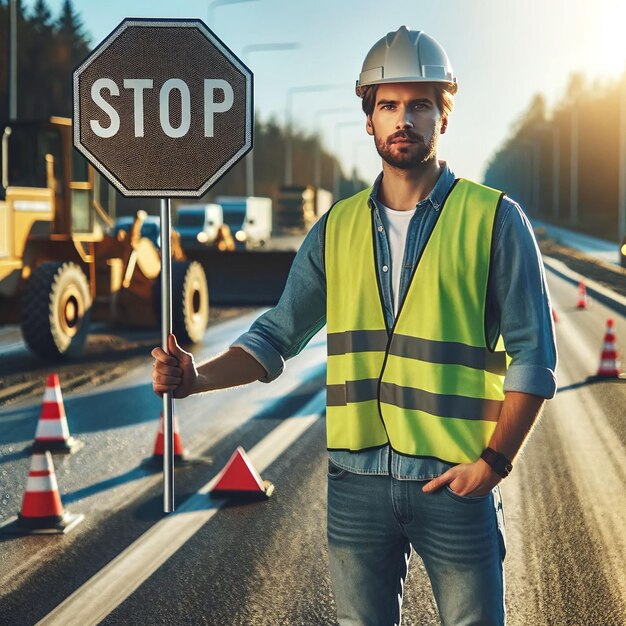 Foto un trabajador de la construcción de pie frente a una señal de parada