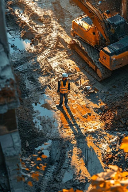 un trabajador de la construcción de pie en el medio de un sitio de construcción