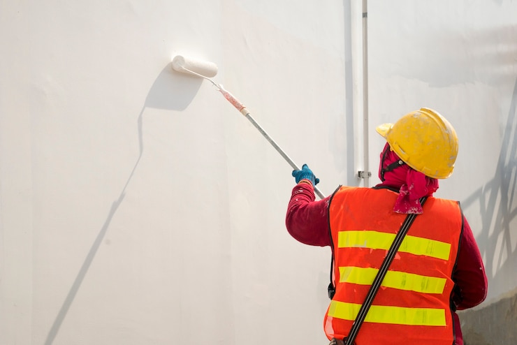 Foto trabajador de la construcción pintando una pared
