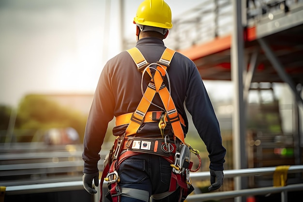 Trabajador de la construcción profesional en equipo de seguridad caminando sobre un puente para I