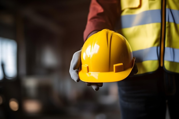 Trabajador de la construcción profesional que usa equipo de seguridad con un casco amarillo IA generativa