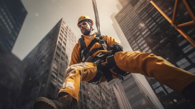 trabajador de la construcción que cae de una altura por debajo del sitio de construcción del edificio pero tiene un arnés de seguridad