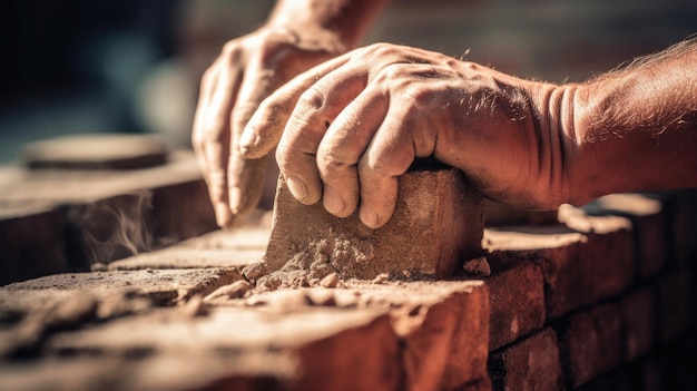 Trabajador de la construcción que coloca ladrillos y construye una barbacoa en un sitio industrial Detalle del ajuste manual de ladrillos Generativo Ai