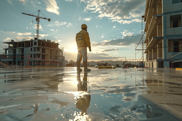 Trabajador de la construcción que instala un panel de losas de suelo de hormigón en el sitio