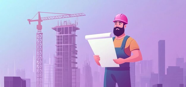 Un trabajador de la construcción que lleva un casco duro está de pie frente a un rascacielos alto en construcción sosteniendo un plano que parece reflexivo y concentrado