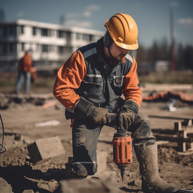 Un trabajador de la construcción que lleva un casco naranja y un chaleco naranja está arrodillado en un sitio de construcción con un gran taladro naranja.