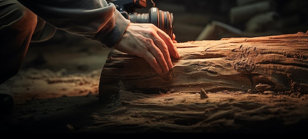 Trabajador de la construcción que lleva una tabla de madera con manos humanas reales