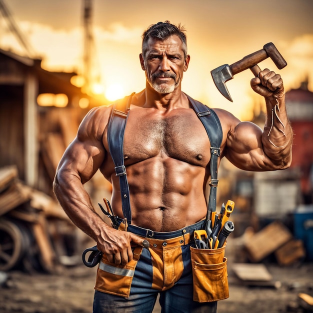 Un trabajador de la construcción robusto, un símbolo musculoso de fuerza y determinación