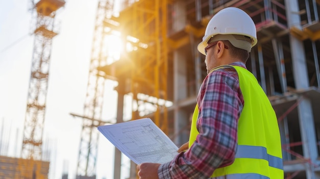 Trabajador de la construcción con ropa de alta visibilidad y casco en el sitio de construcción