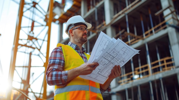 Trabajador de la construcción con ropa de alta visibilidad y casco en el sitio de construcción