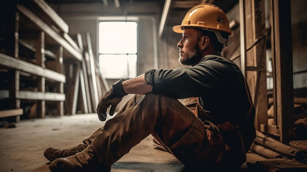 Un trabajador de la construcción se sienta en el suelo en un sitio de construcción.