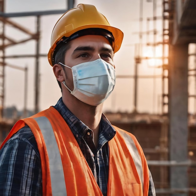 Trabajador de la construcción en el sitio de construcción con máscara