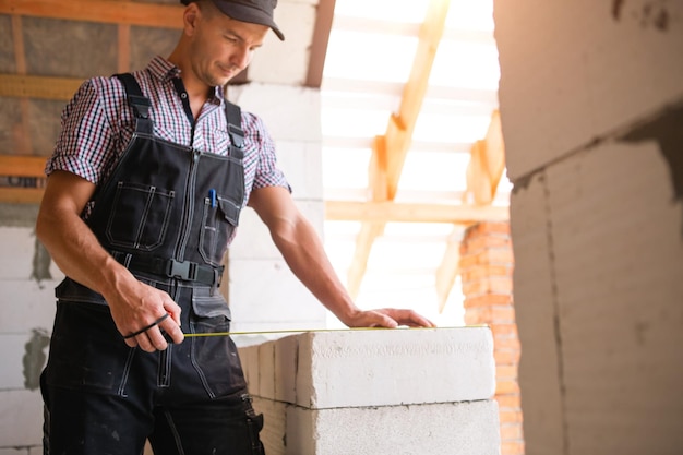 El trabajador de la construcción en el sitio de construcción mide la longitud de la abertura de la ventana y la pared de ladrillo con cinta métrica. La cabaña está hecha de bloques de hormigón poroso, ropa de trabajo, mono y gorra de béisbol.