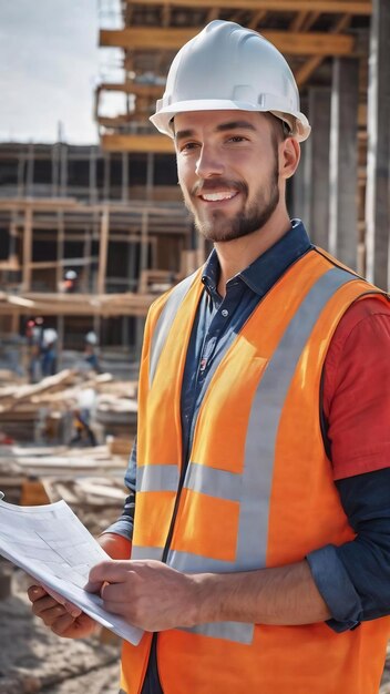 Trabajador de la construcción en el sitio de construcción con planos de gráficos