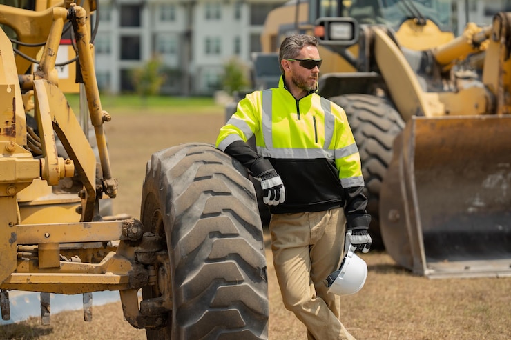 Foto trabajador de la construcción en el sitio de construcción trabajador de ingeniero de construcción en uniforme de constructor en construcción constructor de maquinaria en el fondo de los edificios tractor de excavadora y trabajador constructor