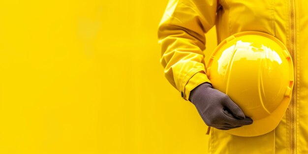 Foto trabajador de la construcción con sombrero amarillo en un lienzo en blanco de fondo amarillo para el texto