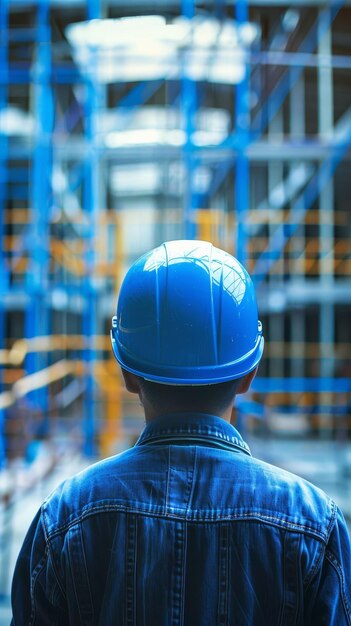 Trabajador de la construcción con un sombrero azul mirando a un edificio en construcción