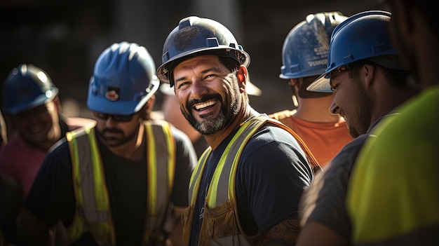 un trabajador de la construcción sonríe frente a varias personas