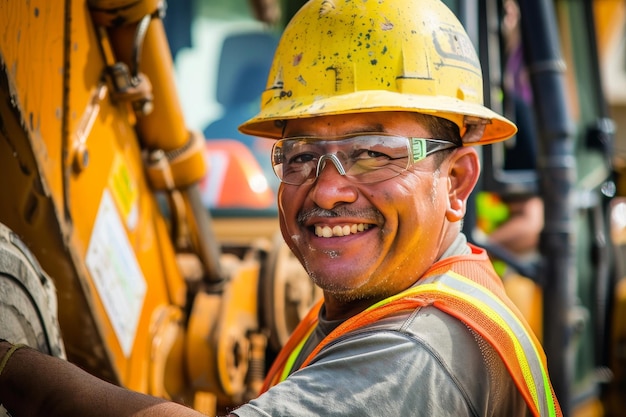 Un trabajador de la construcción sonriendo mientras opera maquinaria pesada para mover materiales alrededor del sitio de construcción mostrando habilidad y eficiencia