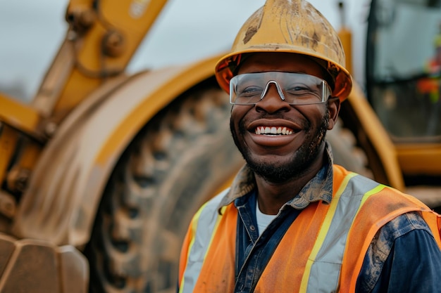 Un trabajador de la construcción sonriendo mientras opera maquinaria pesada para mover materiales alrededor del sitio de construcción mostrando habilidad y eficiencia