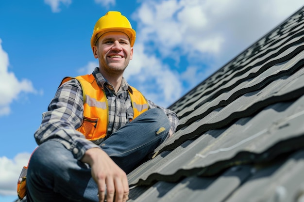 Trabajador de la construcción sonriendo en un techo con un cielo despejado