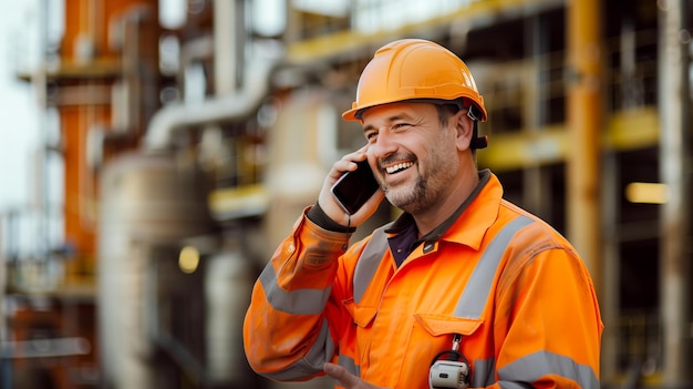 Trabajador de la construcción sonriente con casco de seguridad comunicándose por teléfono móvil en el sitio de construcción