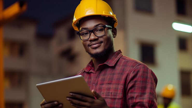 Trabajador de la construcción sonriente usando equipo de seguridad mientras usa una tableta en un sitio de trabajo