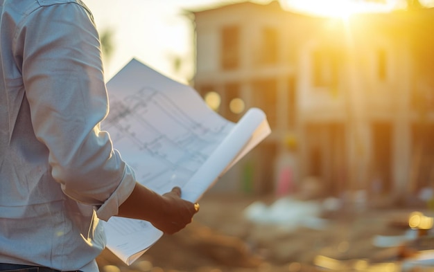 Trabajador de la construcción sosteniendo un plano con el sitio de construcción bokeh en el fondo