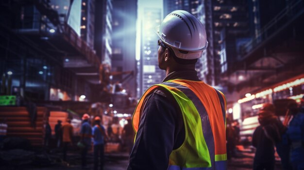 Trabajador de la construcción sosteniendo su casco y vistiendo chaleco fluorescente mientras mira constructi