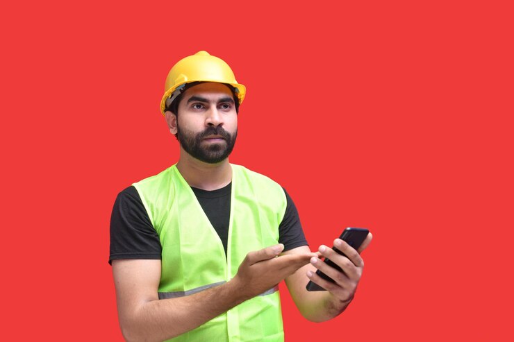 Foto trabajador de la construcción sosteniendo el teléfono posando sobre fondo rojo modelo paquistaní indio