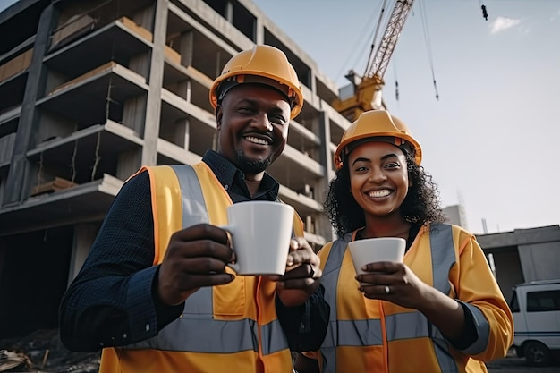 Trabajador de la construcción toma un freno con café