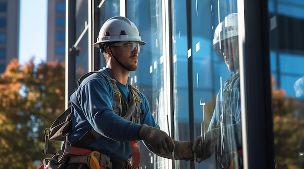 Un trabajador de la construcción trabaja en una pared de vidrio.