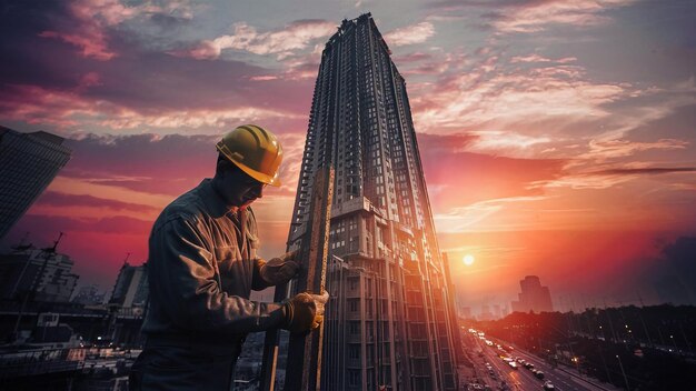 Foto un trabajador de la construcción está trabajando en un edificio al atardecer