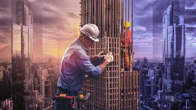 Foto un trabajador de la construcción está trabajando en un edificio en construcción