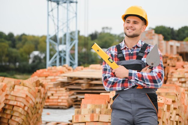 Trabajador de la construcción en uniforme y equipo de seguridad tiene trabajo en la construcción