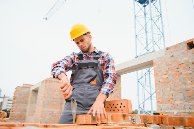 Trabajador de la construcción en uniforme y equipo de seguridad tiene trabajo en la construcción