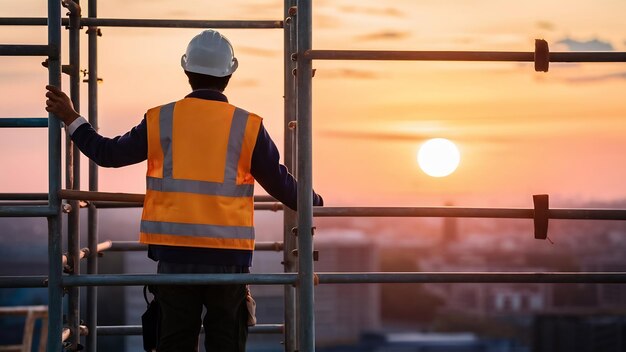 Foto trabajador de la construcción con uniforme de seguridad trabaja en un andamio en un sitio de construcción en duri